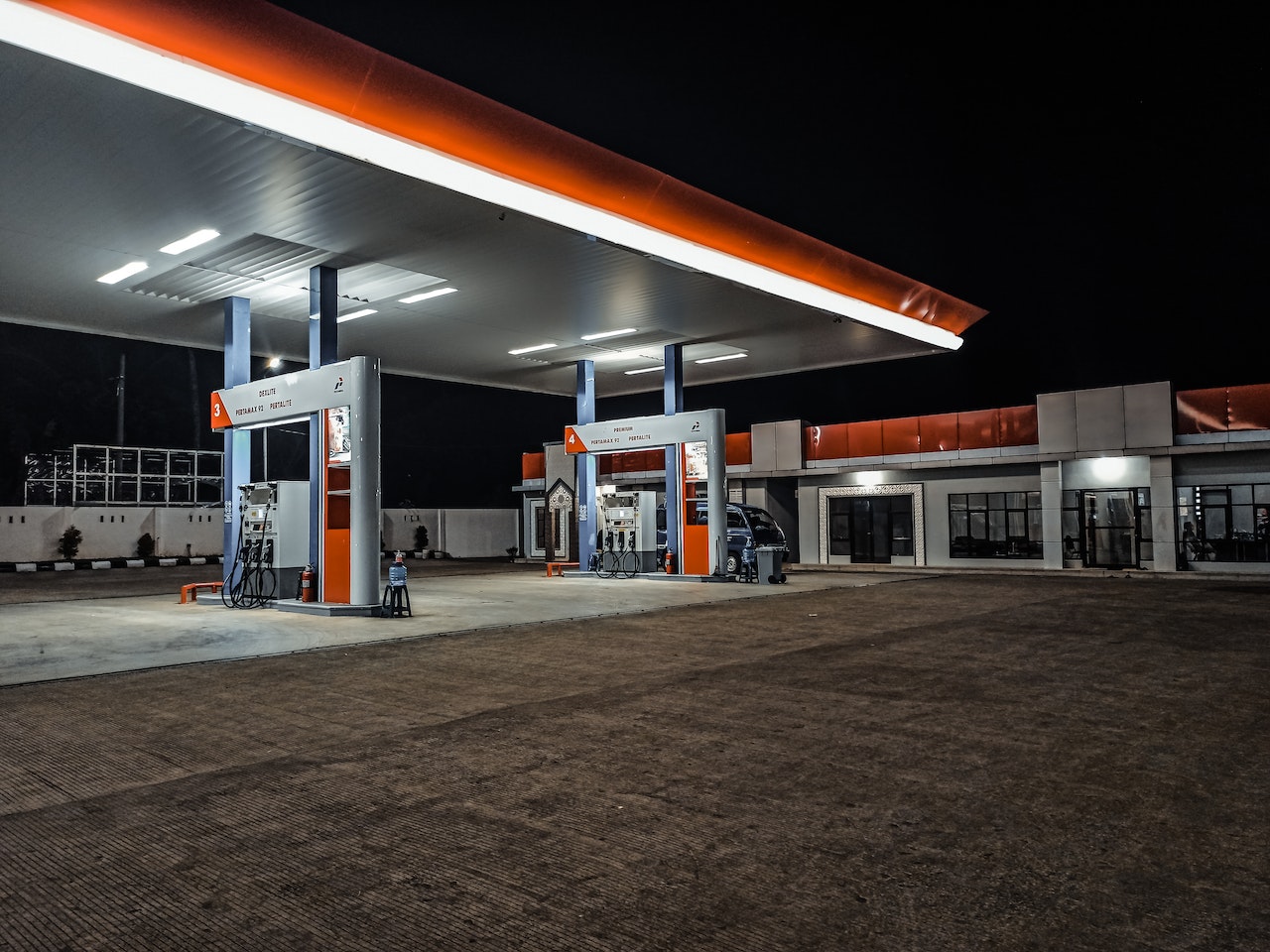 a gas station at night